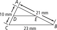 Triangle ABC, with side BC measuring 23 millimeters, has a segment from D on side AC, which measures 10 millimeters, to E on side AB, which measures 21 millimeters.