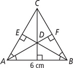 Triangle ABC, with side AB measuring 6 centimeters, has three segments intersecting at D: segment from C meeting AB at a right angle, an angle bisector from A meeting side BC at a right angle at F, and an bisector from B meeting side AC at a right angle at E.
