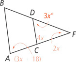 Triangle ABF, with angle A measuring (3x + 18) degrees, is divided by segment CD, from C on side AF to D on side BF, forming triangle CDF with interior angles 4x degrees at C, 3x degrees at D, and 2x degrees at F.