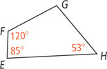 Quadrilateral EFGH has interior angles measuring 85 degrees at E, 120 degrees at F, unknown at G, and 53 degrees at H.