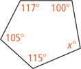 A pentagon has interior angles measuring 115 degrees, 105 degrees, 117 degrees, 100 degrees, and x degrees.