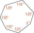 A heptagon has interior angles measuring 125 degrees, 135 degrees, 130 degrees, 129 degrees, 116 degrees, 120 degrees, and y degrees.