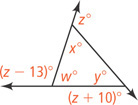 A triangle has interior angle measuring w degrees with exterior angle (z minus 13) degrees, interior angle measuring x degrees with exterior angle z degrees, and interior angle measuring y degrees with exterior angle (z + 10) degrees.