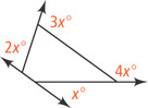 A quadrilateral has exterior angles measuring x degrees, 2x degrees, 3x degrees, and 4x degrees.