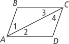 Parallelogram ABCD is divided by diagonal AC, with angle 1 at BAC, angle 2 at DAB, angle 3 at BCA, and angle 4 at DCA.