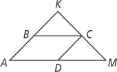 Triangle AKM is divided by segment BC, from B on side AK to C on side MK, and by segment CD, to D on side AM, forming parallelogram ABCD and triangles BKC and DCM.