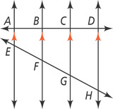 Two transversals, a horizontal above a diagonal, intersect four parallel vertical lines, the horizontal at A, B, C, and D, from left to right, and the diagonal at E, F, G, and H, from left to right.