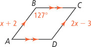 Parallelogram ABCD has side AB, measuring x + 2, parallel to side CD, measuring 2x minus 3. Interior angle B measures 127 degrees.