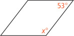 A parallelogram has the interior angles on the right measuring 53 degrees and x degrees.