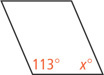 A parallelogram has the interior angles on the bottom measuring 113 degrees and x degrees.