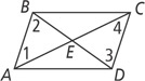 Parallelogram ABCD has diagonals AC and BD intersecting at E. Angle 1 is at BAE, angle 2 at ABE, angle 3 at CDE, and angle 4 at DCE.