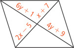 A parallelogram has two diagonals, one divided into segments measuring 6y + 1 and 4y + 9 and the other divided into segments measuring 2x minus 5 and x + 7.