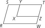 Parallelogram RSTW has parallelogram XYTZ inside sharing vertex T, with side YT on side ST and side TZ on side TW.