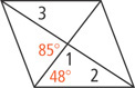 A parallelogram has two diagonals. The bottom triangle has angle 1 at top, angle 2 at bottom right, and angle 48 degrees at bottom left. The top triangle has angle 3 at top left. The left triangle has angle 85 degrees at the right.