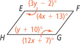 Quadrilateral EFGH has angle E measuring (3y minus 2) degrees opposite angle G measuring (12x + 7) degrees, and angle F measuring (4x + 13) degrees opposite angle H measuring (y + 10) degrees.