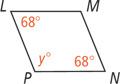Quadrilateral LMNP has opposite interior angles L and N each 68 degrees and interior angle P y degrees.