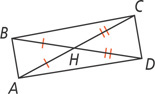 Quadrilateral ABCD has diagonals AC and BD intersecting at H, with segments AH and BH congruent and segments CH and DH congruent.