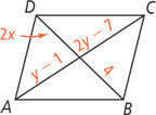 Quadrilateral ABCD has diagonals AC and BD intersecting, with the two segments formed on AC measuring y minus 1 and 2y minus 7 and the two segments on BD measuring 4 and 2x.