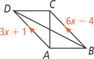 Quadrilateral ABCD has side AD measuring 3x + 1 parallel side BC measuring 6x minus 4.
