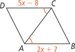 Quadrilateral ABCD has AB measuring 2x + 7 and side CD measuring 5x minus 8. Diagonal AC forms congruent angles ACD and CAB.