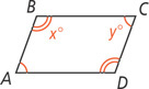 Quadrilateral ABCD has interior angle A congruent to angle C, which measures y degrees, and angle D congruent to angle B, which measures x degrees.