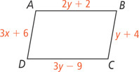 Quadrilateral ABCD has side AB measuring 2y + 2, side BC measuring y + 4, side CD measuring 3y minus 9, and side AD measuring 3x + 6.