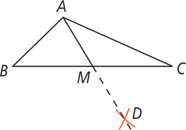 Triangle ABC has a segment from A to point M on side BC. Arcs are drawn from B and C intersecting on an extension of segment AM.