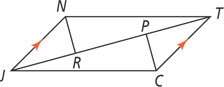 Quadrilateral JNTC has sides JN and TC parallel and a diagonal JT. Segment NR extends from N to R on JT and segment CP extends from C to P on JT.