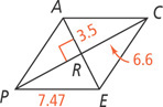Parallelogram PACE, with sides PE measuring 7.47, has diagonals PC and AE intersecting at a right angle at R. Segment AR measures 3.5 and segment CR measures 6.6.