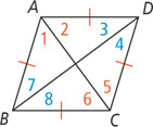 Rhombus ABCD has all sides congruent, with diagonals AC and BD forming eight angles: angles 1 and 2 at A and angles 5 and 6 at C are supplementary to angles 3 and 4 at D and angles 7 and 8 at B.