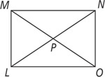 Rectangle LMNO has diagonals LN and MO intersecting at P.