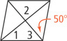 A rhombus has diagonals forming four triangles The bottom triangle has angle 1 at the bottom left and angle 3 at the bottom right. The top triangle has angle 2 at the intersection. The right triangle has bottom angle measuring 50 degrees.