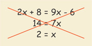 The incorrect calculation has 2x + 8 = 9x minus 6, 14 = 7x, 2 = x.