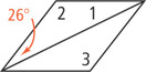 A rhombus has a diagonal from bottom left to top right forming two triangles. The left triangle has angle 1 at the top right, angle 2 at the top left, and angle measuring 26 degrees at the bottom right. The right triangle has angle 3 at the bottom right.