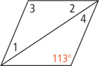 A rhombus has a diagonal from bottom left to top right. The left triangle has angle 1 at bottom left, angle 2 at top right, and angle 3 at top left. The right triangle has angle 4 at top right and angle 113 degrees at bottom right.