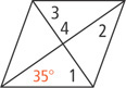 A rhombus has two diagonals forming four triangles. The bottom triangle has angle 1 at bottom right and angle 35 degrees at bottom left. The triangle on the right has angle 2 at top right. The top triangle has angle 3 at top left and angle 4 at bottom.