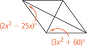 A rhombus has two diagonals forming four triangles. The left triangle has top left angle measuring (2x squared minus 25x) degrees. The bottom triangle has bottom left angle measuring (3x squared + 60) degrees.