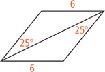 A quadrilateral has top and bottom sides measuring 6. A diagonal from bottom left to top right forms 25-degree angles between the left and right sides.