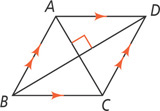 Parallelogram ABCD, with sides AD and BC parallel and sides AB and CD parallel, has diagonals AC and BD intersecting at a right angle.