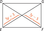 Parallelogram DEFG has diagonals DF and EG, with segment from E to the intersection measuring 5y + 3 and segment from F to the intersection measuring 7y minus 5.