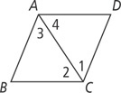 Parallelogram ABCD has diagonal AC forming angle 1 at DCA, angle 2 at BCA, angle 3 at BAC, and angle 4 at DAC.