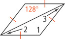 A rhombus has a diagonal from bottom left to top right, forming two triangles. The left triangle has top left angle measuring 128 degrees. The right triangle has angle 1 at the bottom right, angle 2 at the bottom left, and angle 3 at the top right.