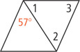 A rhombus has a diagonal from top left to bottom right, forming two triangles. The left triangle has top angle measuring 57 degrees. The right triangle has angle 1 at the top left, angle 2 at the bottom, and angle 3 at the top right.
