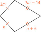 A quadrilateral has two congruent adjacent sides measuring 3m and n, and other two congruent sides measuring 7m minus 14 and n + 6.
