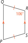 Trapezoid PQRS has sides PQ and RS parallel, sides QR and PS congruent, and angle R measuring 106 degrees.