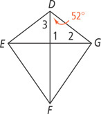 Kite DEFG has intersecting diagonals DF and EG forming four triangles. The top right triangle has angle 1 at the intersection, angle 2 at G, and angle 52 degrees at D. The top left triangle has angle 3 at D.