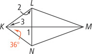 Kite KLMN has intersecting diagonals KM and LN forming four triangles. The bottom left triangle has angle 1 at the intersection and angle at K 36 degrees. The top left triangle has angle 2 at L and angle 3 at K.