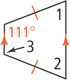 A trapezoid has left and right sides parallel and top and bottom sides congruent. The top left angle is 111 degrees. Angle 1 is at the top right, angle 2 bottom right, and angle 3 bottom left.