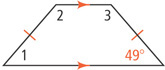 A trapezoid has top and bottom sides parallel and left and right sides congruent. The bottom right angle is 49 degrees. Angle 1 is at the bottom left, angle 2 top left, and angle 3 top right.
