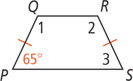 Trapezoid PQRS has sides PQ and RS congruent. Angle P is 65 degrees. Angle 1 is at Q, angle 2 at R, and angle 3 at S.